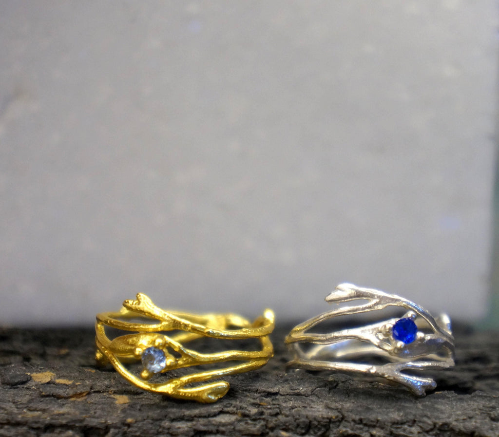 Nature-Inspired Twig Ring, Jasmine Branch with Zircon (Sterling Silver)-0