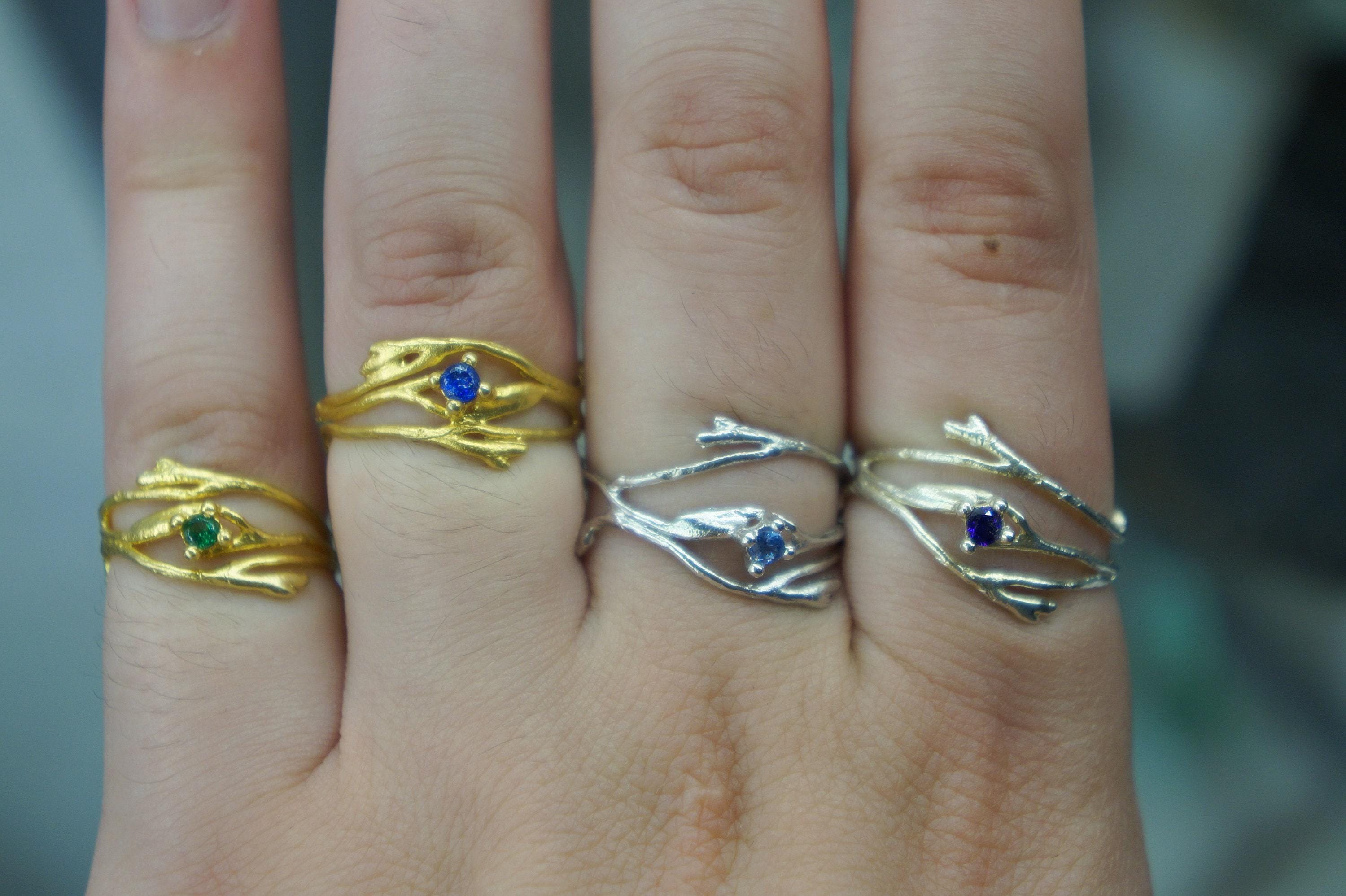 Nature-Inspired Twig Ring, Jasmine Branch with Zircon (Sterling Silver)-2