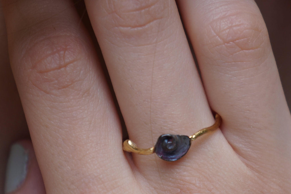 Sterling Silver Ring: Dainty Sea Shell and Twig Design - Gold Accents-0