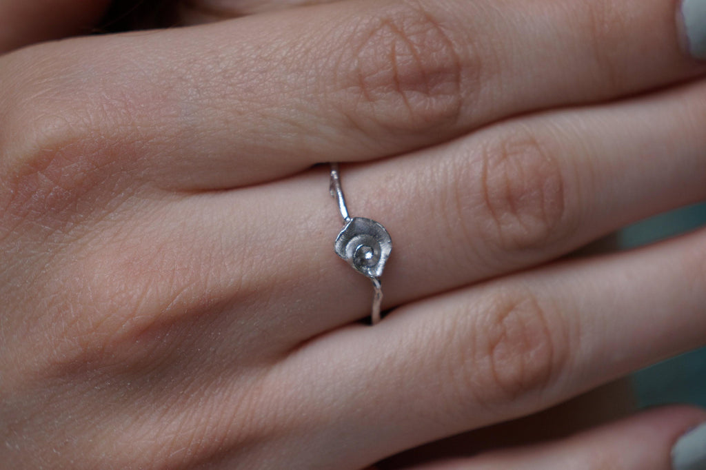Sterling Silver Ring: Dainty Sea Shell and Twig Design - Gold Accents-4