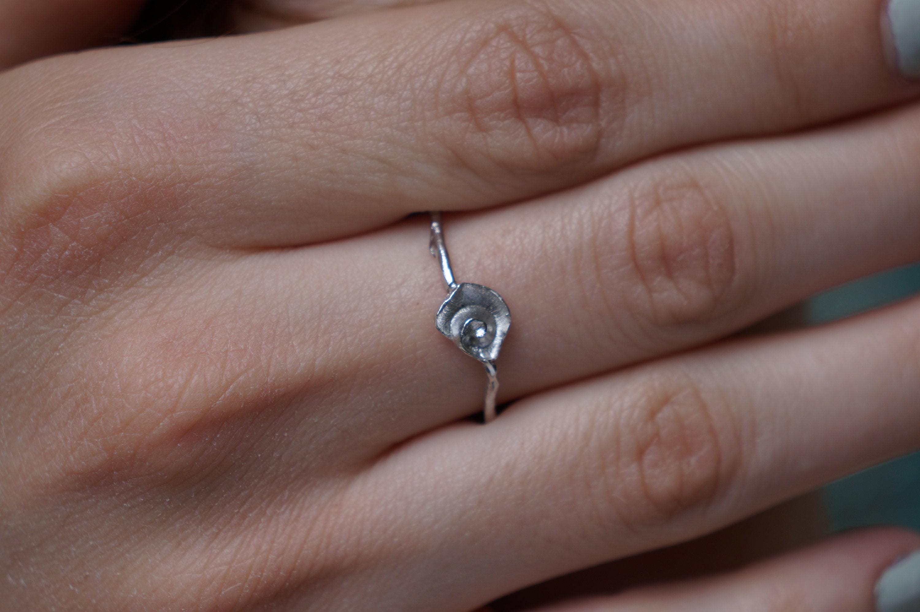 Sterling Silver Ring: Dainty Sea Shell and Twig Design - Gold Accents-4
