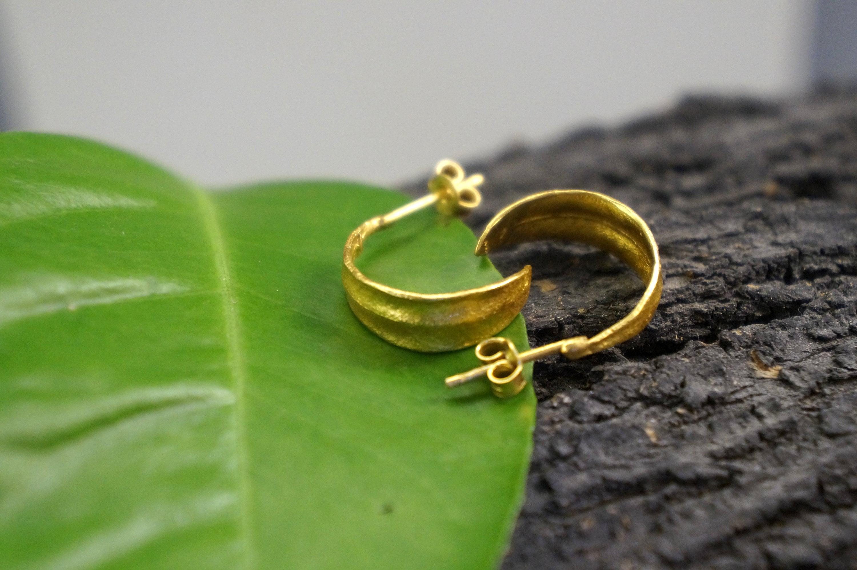 Olive Leaf Earrings: Mini Hoops in Silver or Gold (Unisex)-3