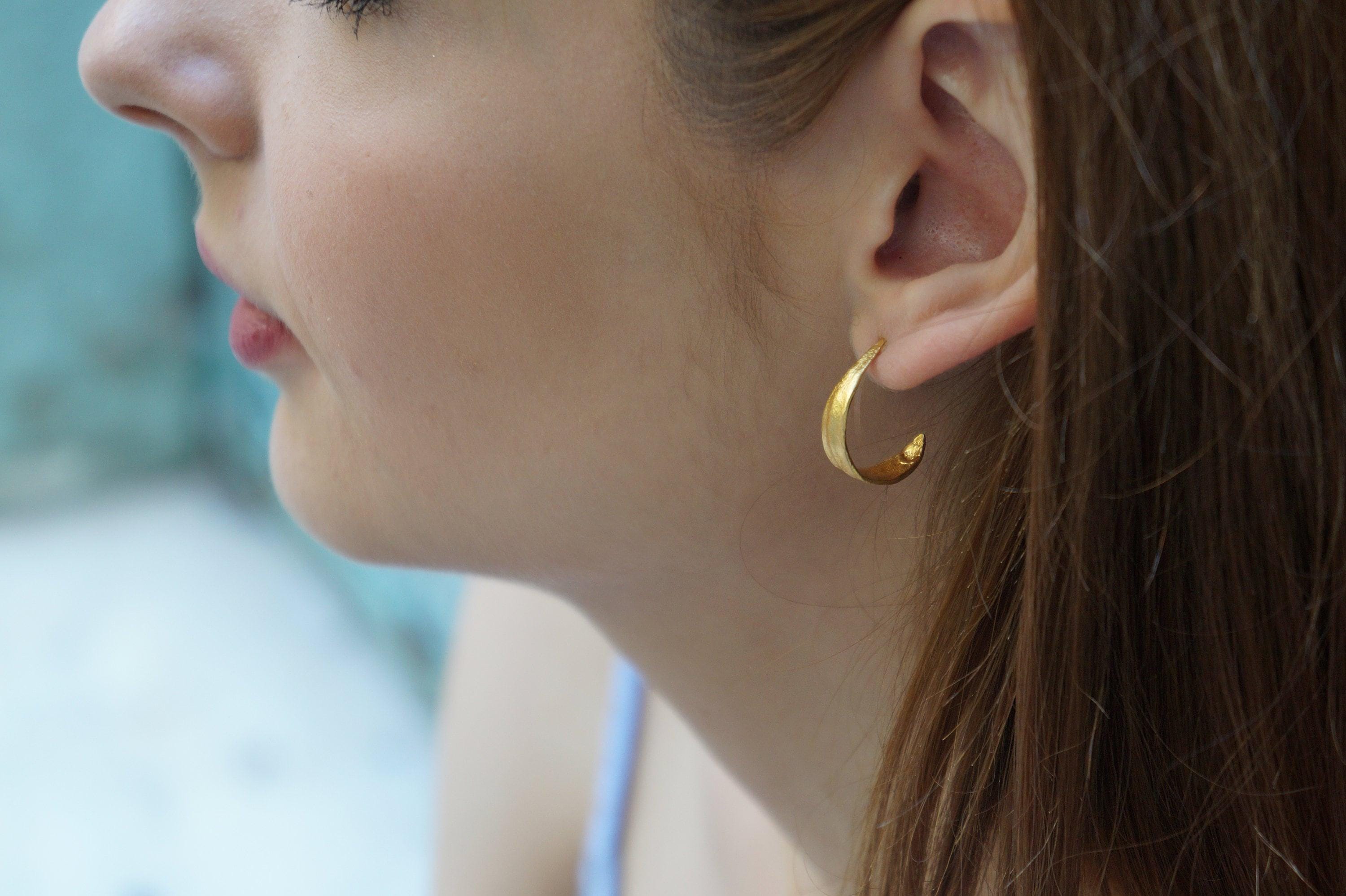 Olive Leaf Earrings: Mini Hoops in Silver or Gold (Unisex)-4