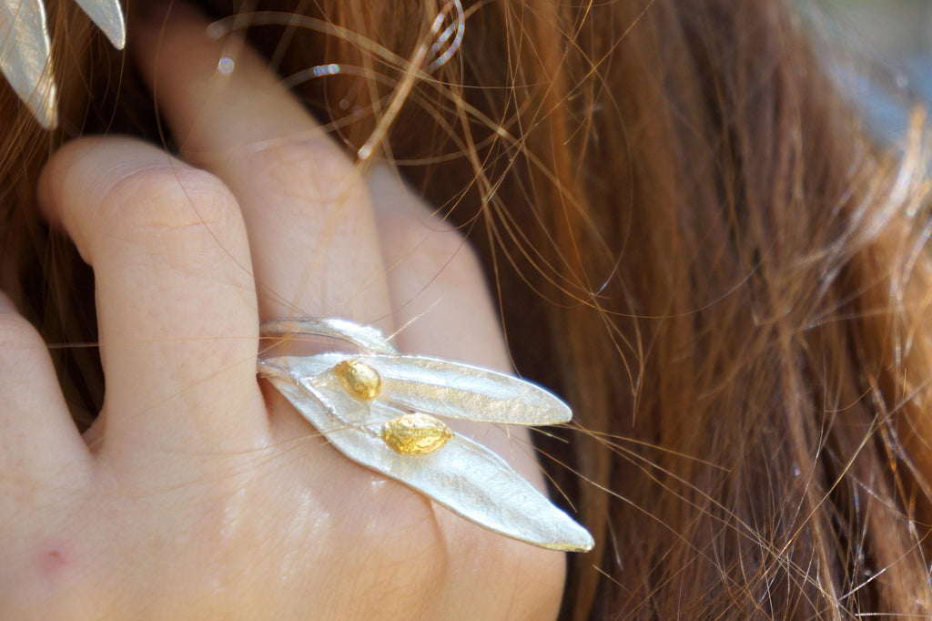 Statement Nature Ring: Olive Leaves Design - Adjustable Sterling Silver-0