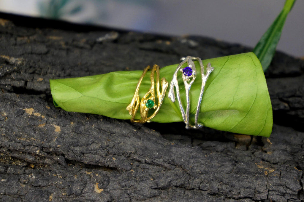 Nature-Inspired Twig Ring, Jasmine Branch with Zircon (Sterling Silver)-3
