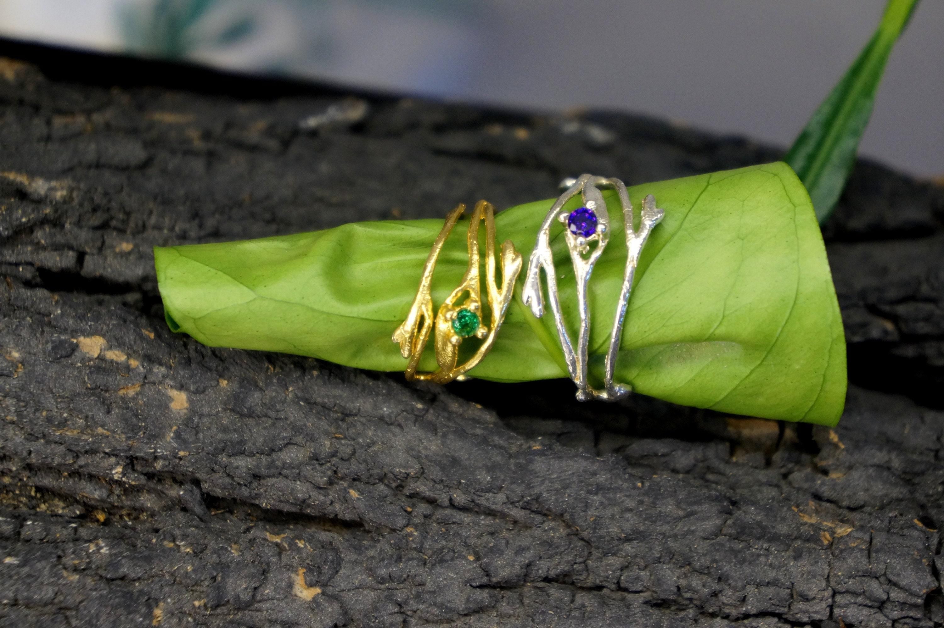 Nature-Inspired Twig Ring, Jasmine Branch with Zircon (Sterling Silver)-3