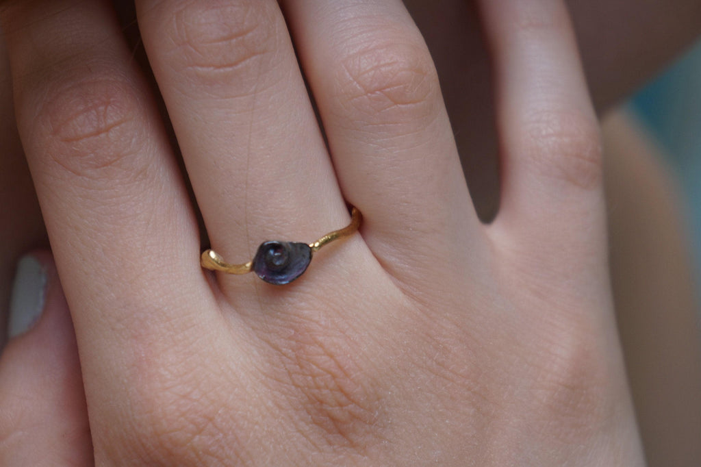 Sterling Silver Ring: Dainty Sea Shell and Twig Design - Gold Accents-1