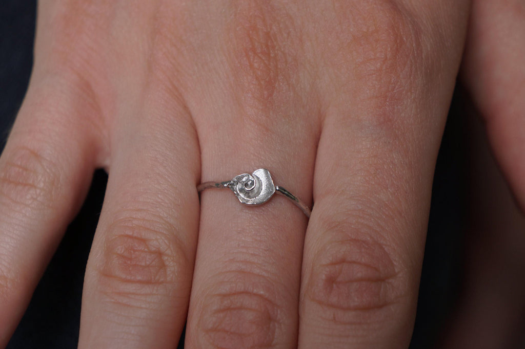 Sterling Silver Ring: Dainty Sea Shell and Twig Design - Gold Accents-2