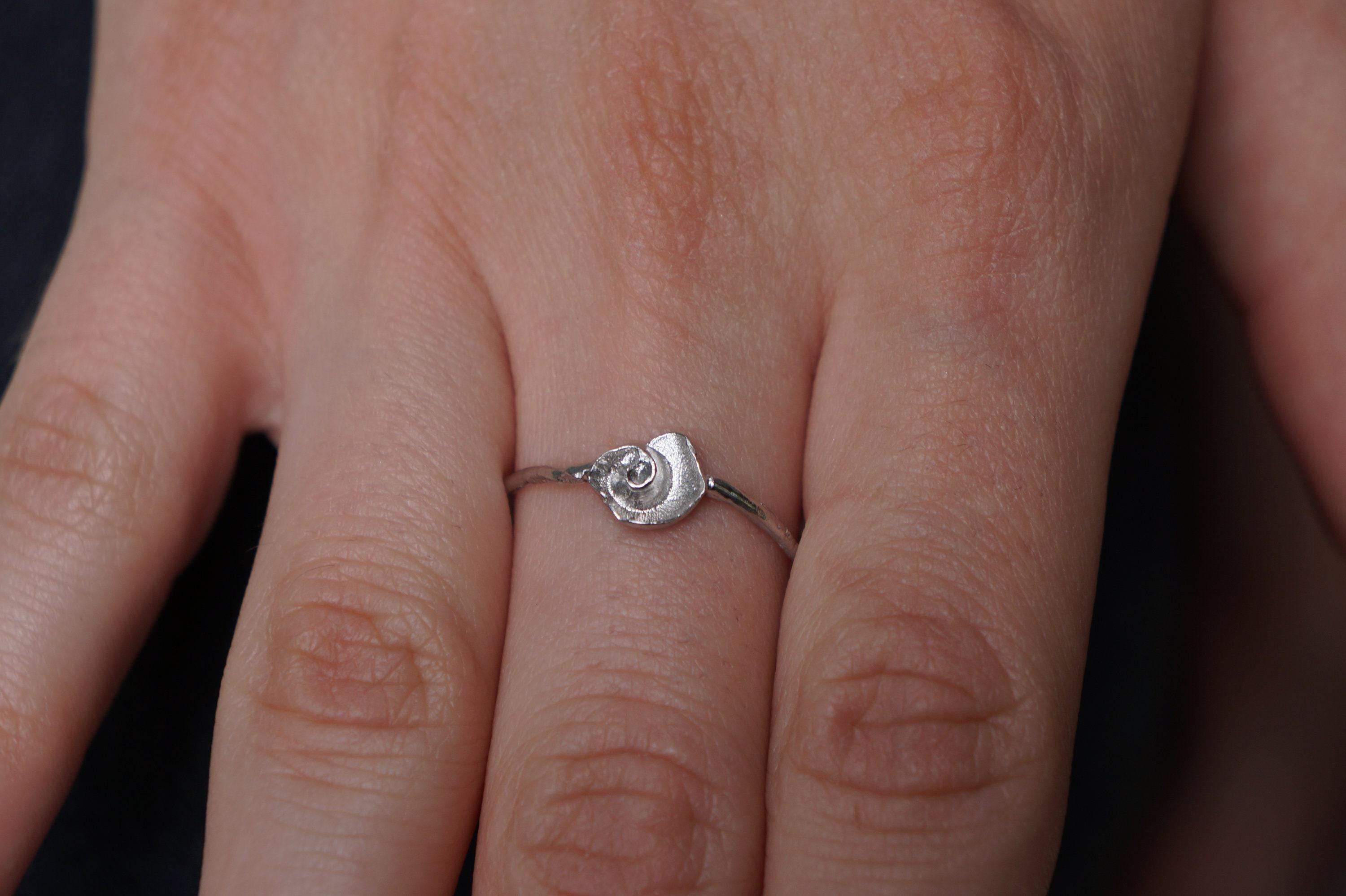 Sterling Silver Ring: Dainty Sea Shell and Twig Design - Gold Accents-2