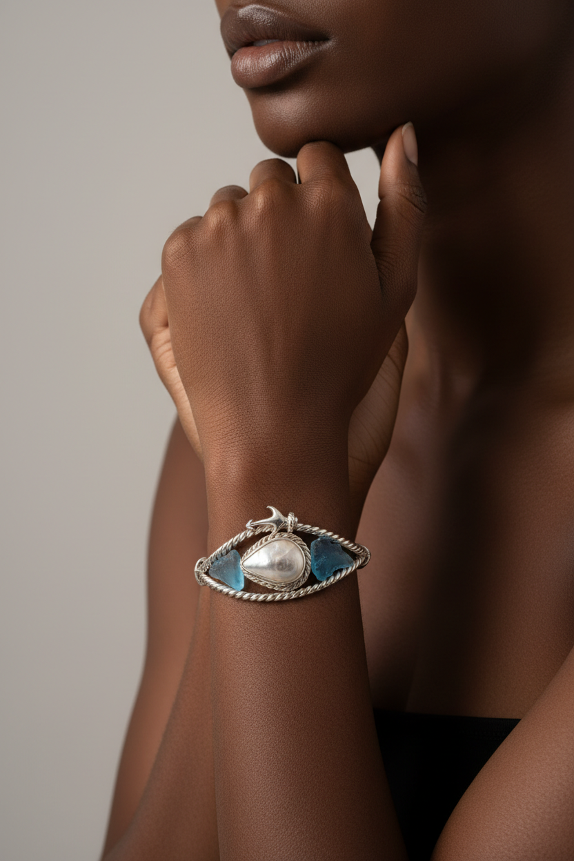 Nautical Silver Cuff Bracelet worn by African model